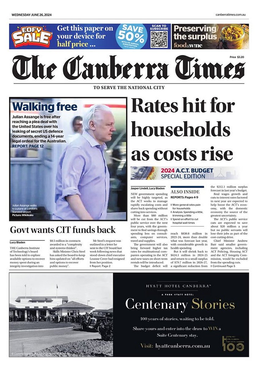 𝙵𝚛𝚘𝚗𝚝 𝙿𝚊𝚐𝚎𝚜 𝚃𝚘𝚍𝚊𝚢 📰 (@ukpapers) on Twitter photo 🇦🇺 Rates Hit For Households As Cost Rise
▫Barr charts targeted spend as ACT budget grapples with rising costs
▫<a href="/jclindell/">Jasper Lindell</a> <a href="/lucybladen/">Lucy Bladen</a>
#frontpagestoday #Australia <a href="/canberratimes/">Canberra Times</a> 🇦🇺 🇦🇺 Rates Hit For Households As Cost Rise
▫Barr charts targeted spend as ACT budget grapples with rising costs
▫<a href="/jclindell/">Jasper Lindell</a> <a href="/lucybladen/">Lucy Bladen</a>
#frontpagestoday #Australia <a href="/canberratimes/">Canberra Times</a> 🇦🇺