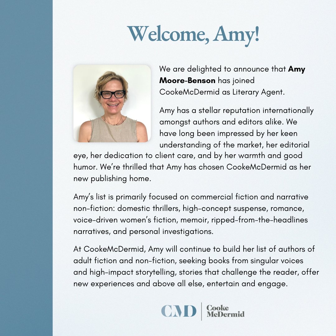 CookeMcDermid (@cookemcdermid) on Twitter photo CookeMcDermid is so pleased to welcome new Literary Agent, Amy Moore-Benson! 🎉 CookeMcDermid is so pleased to welcome new Literary Agent, Amy Moore-Benson! 🎉