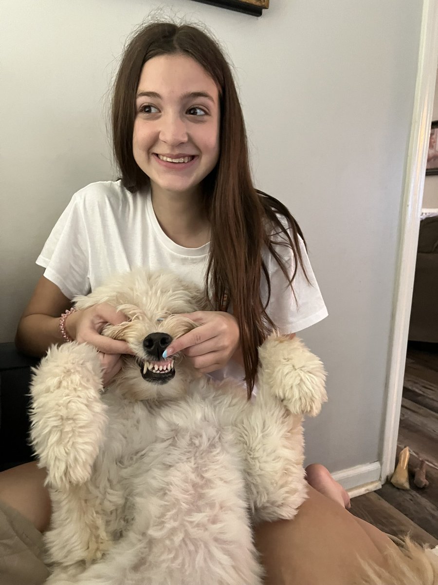 JohnInMem's tweet image. The birthday girl and the heathen puppy