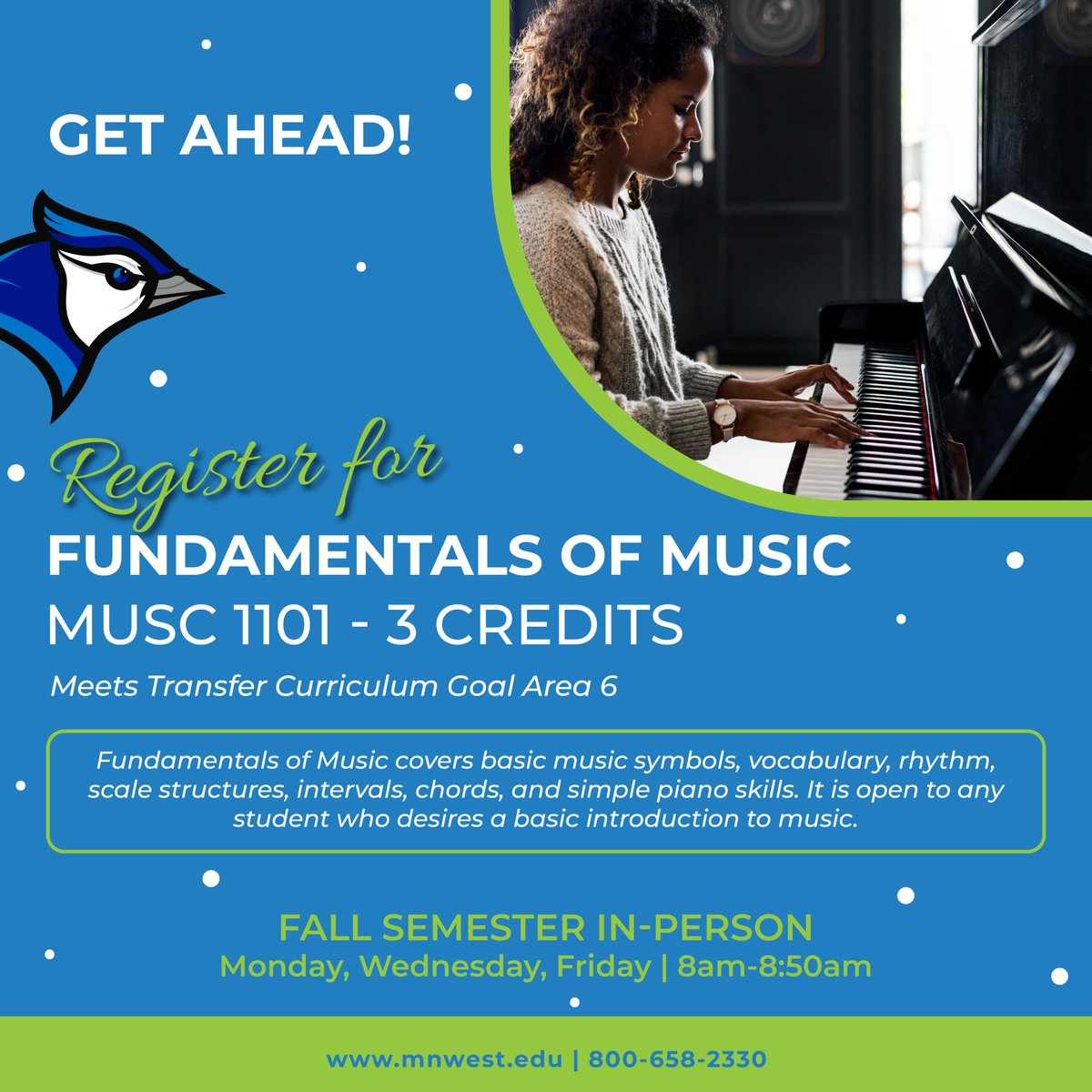 MinnesotaWest's tweet image. Need some classes to fulfill goal area 6? Check out these thrilling classes in music and acting! Contact Eric Parrish for questions. eric.parrish@mnwest.edu
#ActingForEveryone #FundamentalsOfMusic #MinnesotaWest #LearnWithPurpose
