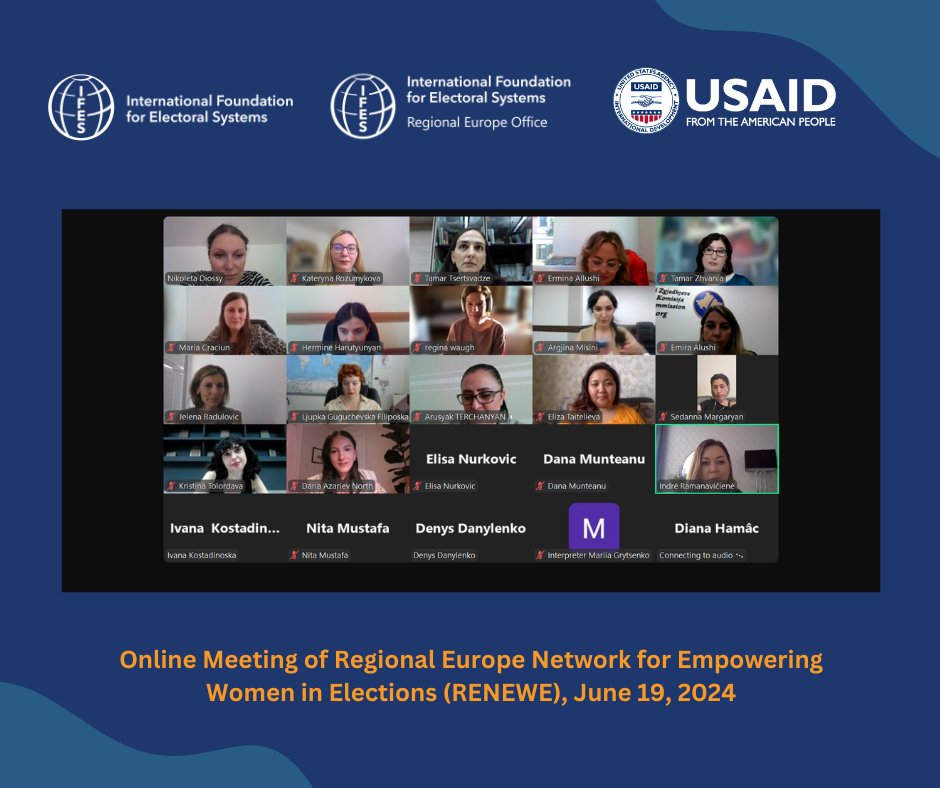 IFES_REO's tweet photo. 💻👩 On June 19, 2024, we organized the online meeting of the Regional Europe Network for Empowering Women in Elections (#RENEWE). Women EMB leaders connected, shared challenges, and exchanged best practices. Special thanks to Tamar Zhvania for sharing her experience. https://t.co/yCmeIW1Gzq