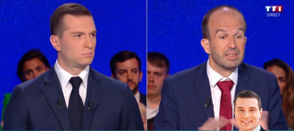 Pediavenir's tweet image. Échange houleux entre Jordan #Bardella et Manuel #Bombard 😳

- Dans les corners tu dois être vla efficace toi 

- Je dois le prendre comment ?

- Au premier poteau

#LeDébatTF1