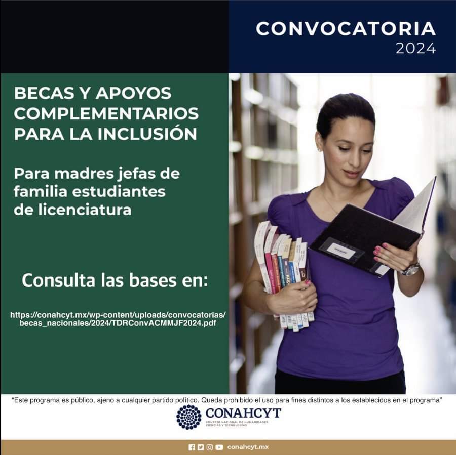 🚨 Becas y apoyos complementarios para Madres Mexicanas Jefas de Familia y Estudiantes de licenciatura Conahcyt
📄Consulta el portal web de Dirección de Investigaciones UV  para concer la convocatoria, el formato MJFAC24  y los requisitos uv.mx/investigacion/…