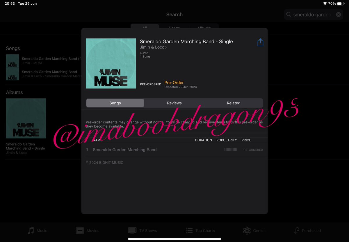 imabookdragon93's tweet photo. Finallyyyyy SGMB is up for pre-order on iTunes! Gogogoooooooo 🥰💜#museiscoming #jimin_muse #jiminiscoming #pjm2 https://t.co/xjSA5ZfIAS