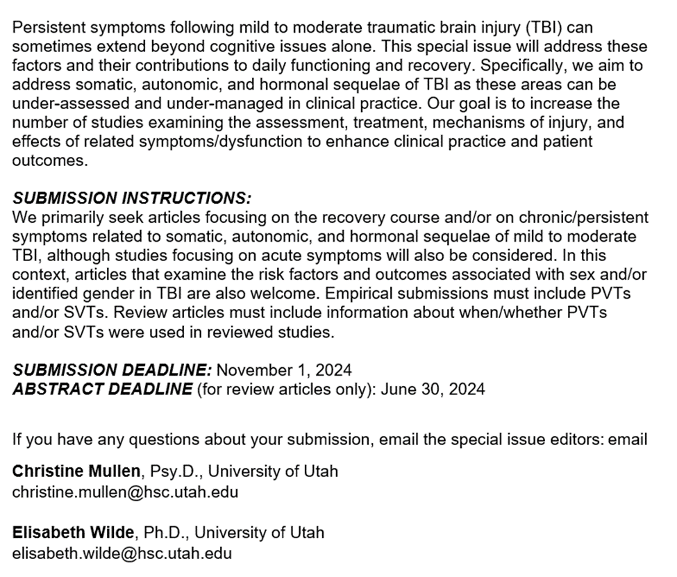 TheClinicalNeuropsychologist (@theclinicalnp) on Twitter photo 🚨CALL FOR PAPERS for a SPECIAL ISSUE on Somatic, Autonomic, and Hormonal Dysfunction following Mild to Moderate Traumatic Brain Injury‼️
Submit at: think.taylorandfrancis.com/special_issues…
<a href="/ANSTRehabNeuro/">ANST Rehabilitation Neuropsychology Focus Group</a> <a href="/TheAACN/">The AACN</a> <a href="/DrCMMullen/">Christine M. Mullen, Psy.D. (she/her)</a>
More details below⬇️ 🚨CALL FOR PAPERS for a SPECIAL ISSUE on Somatic, Autonomic, and Hormonal Dysfunction following Mild to Moderate Traumatic Brain Injury‼️
Submit at: think.taylorandfrancis.com/special_issues…
<a href="/ANSTRehabNeuro/">ANST Rehabilitation Neuropsychology Focus Group</a> <a href="/TheAACN/">The AACN</a> <a href="/DrCMMullen/">Christine M. Mullen, Psy.D. (she/her)</a>
More details below⬇️