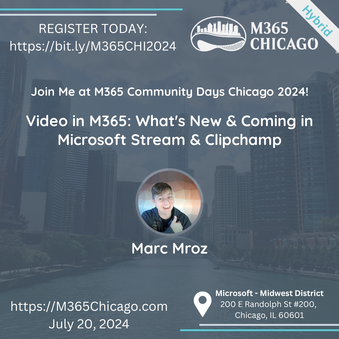 🎥 Dive into the world of video in Microsoft 365! Join <a href="/MarcMroz/">marc</a> for insights on leveraging video for work or school, including exciting updates on Microsoft Stream &amp; Clipchamp. Don't miss out! #M365Chicago #M365 #CommunityLuv #CommunityRocks bit.ly/3RpFGJ2