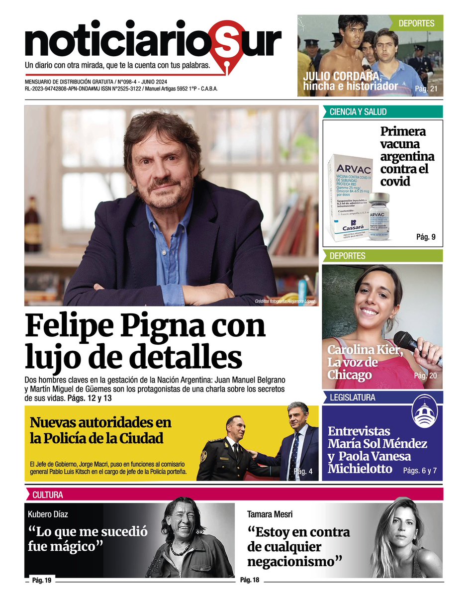 Ya salió en nuevo número con entrevista a <a href="/FelipePigna/">Felipe Pigna</a>
Ciudad <a href="/WolffWaldo/">Waldo Wolff</a> <a href="/Policia_ciudad/">Policía de la Ciudad</a> 
Legisladores <a href="/msolmendez/">Sol Mendez</a> <a href="/paomichielotto/">Paola Michielotto</a>
Deporte <a href="/juliocordara/">Julio Cordara</a> <a href="/carolinakier/">carolina kier</a>
Salud <a href="/Lab_Cassara/">Laboratorio Cassará</a>
Cultura Kubero Díaz <a href="/tamaramesri/">Tamara Mesri</a>