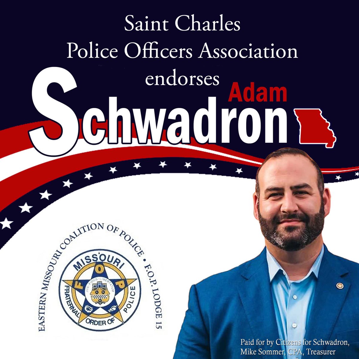 AJSchwadron's tweet image. While some talk about what they will deliver to our police, I can point to what I have delivered for our police. They know I have their back and I’m excited to know they have mine.

Im proud to announce the endorsement of the Saint Charles Police Officers Association.
#MoSos