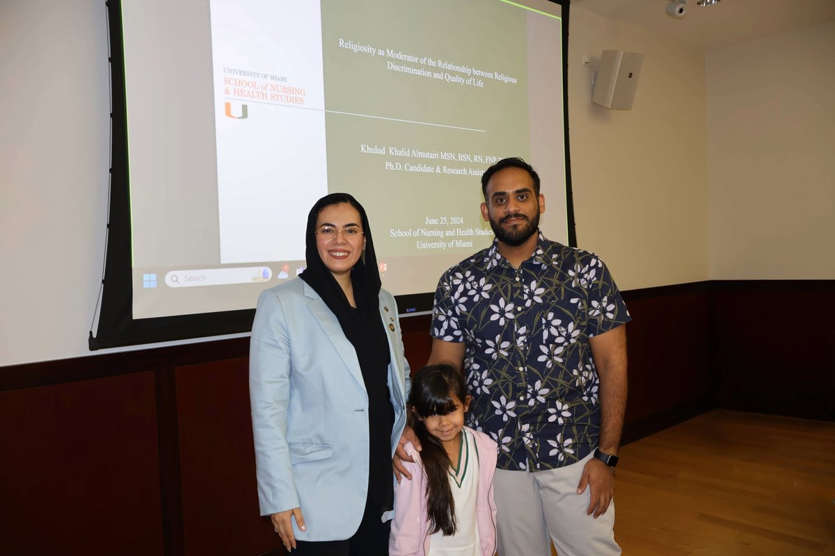 UMiamiNursing's tweet photo. Dissertation Day 2.0: It is absolutely wonderful to see our #GraduateSchool students fulfill their  goals. Another rewarding afternoon as PhD candidate, Khulud Khalid Almutairi, MSN, BSN, RN, FNP-BC, successfully defends her dissertation with the support of her family and friends, fellow peers, and her advisor Dr. Karina Gattamorta and Dean Hudson Santos @hudson_santosjr . Go 'Canes!  #PHD #Dissertation #SONHSPhD #UMiami #UMiamiNusring #CaneNurse #UMiami 

Congratulations Dr. Almutairi! 🧡🙌🏻💚