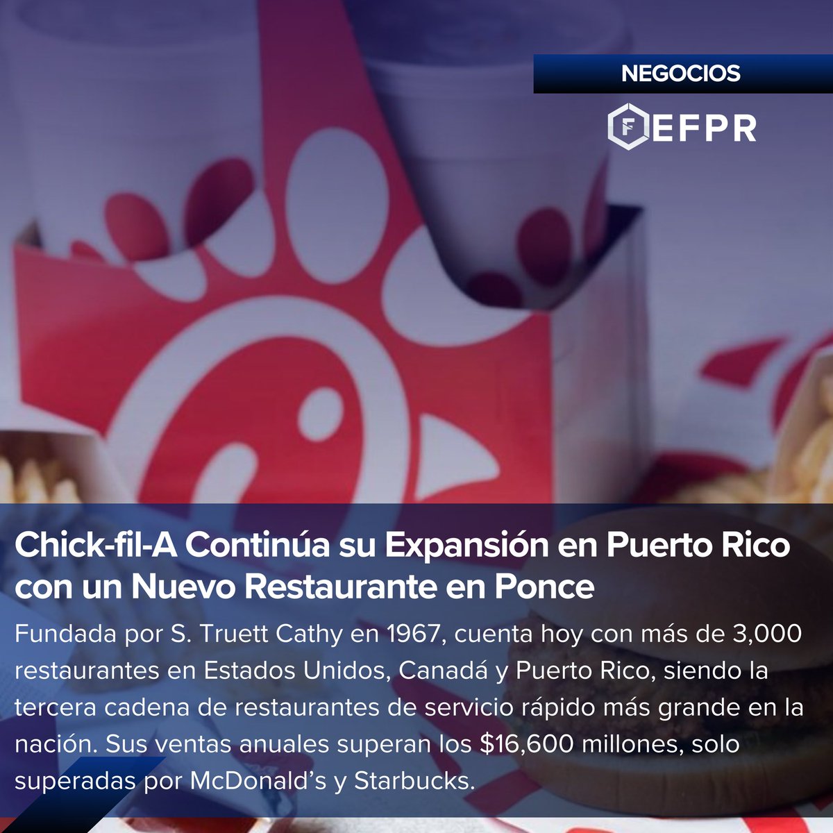 La franquicia planea abrir entre 15 y 20 restaurantes adicionales en Puerto Rico para el año 2030, y espera también tener presencia en Europa y Asia. 

Accede el link elforodepuertorico.com/chick-fil-a-co… para noticia completa
