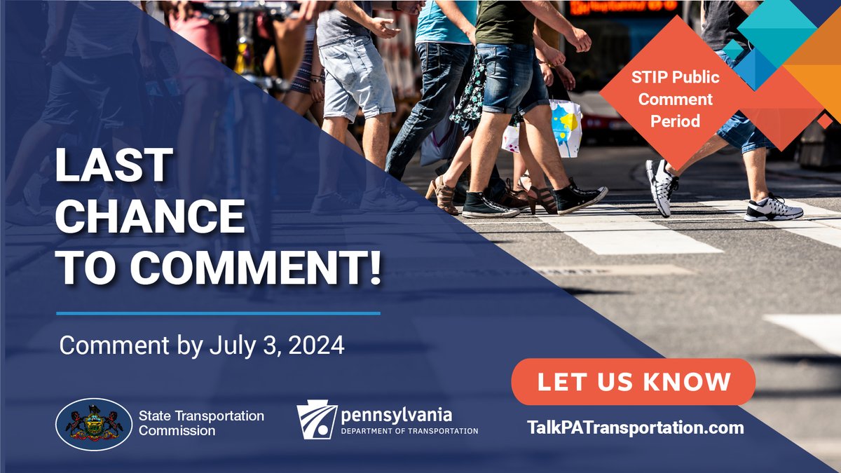 PennDOTNews's tweet image. ⚠️ Last chance to comment! ⚠️

The draft 2025 Statewide Transportation Improvement Program Public Comment Period ends today! 

Share your thoughts on this list of prioritized projects identified for funding by federal fiscal year.

Leave your comment at talkpatransportation.com.