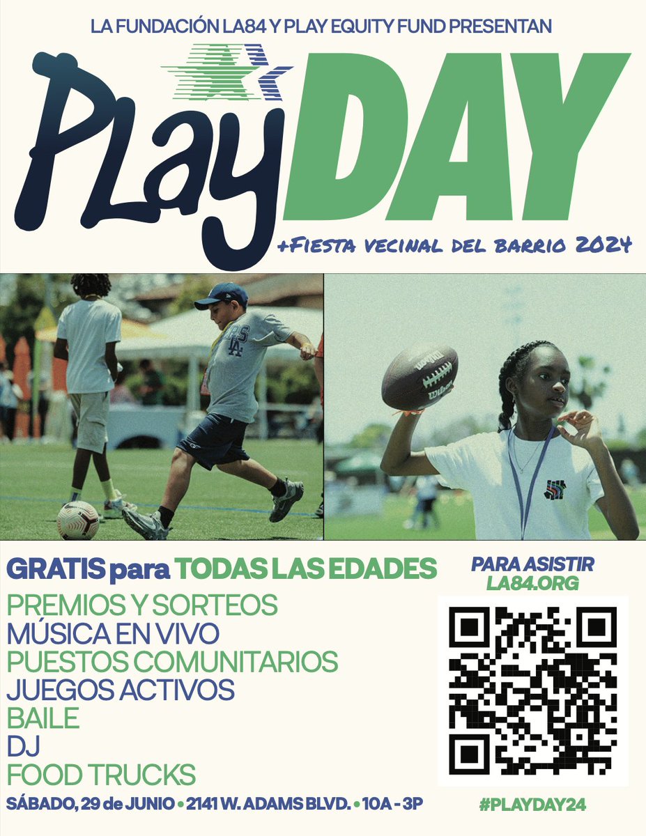 Get ready for #PlayDay2024 - a free, all-ages celebration packed with immersive sports and live music experiences. Join the ultimate Block Party on June 29, from 10 am to 3 pm. Don’t miss out on this day of fun and excitement. For more details, visit la84.org.