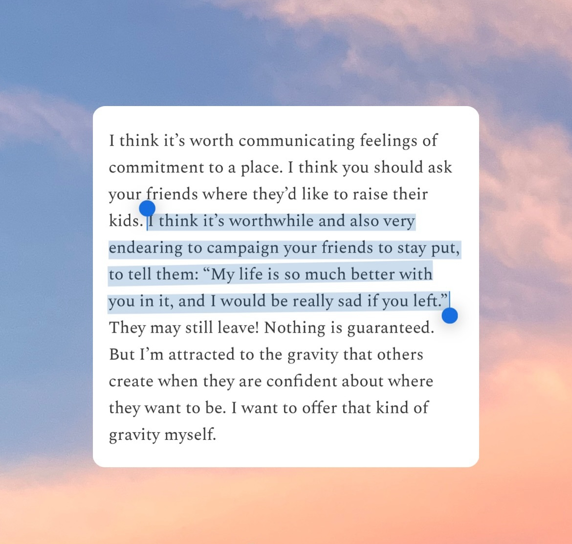I wrote about the effortless, day-to-day closeness that comes from living near people you love. Read it if you're feeling tired of 1x/month catchups and overdue FaceTimes. Link in comments