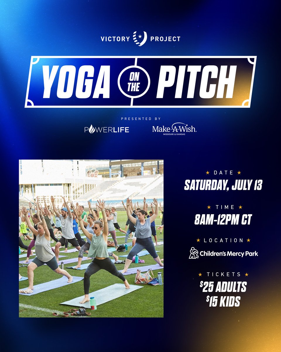 The Victory Project (@victorykc) on Twitter photo Yoga? Supporting a great cause? We're in! 🧘
Join us on July 13 at <a href="/cmpark/">Children's Mercy Park</a> for Yoga on the Pitch. Enjoy an all-ages yoga flow, light brunch, photo opportunities and other fun activities!
All proceeds benefit The Victory Project 💙
Learn More 🔗: victorykc.org/events/yoga Yoga? Supporting a great cause? We're in! 🧘
Join us on July 13 at <a href="/cmpark/">Children's Mercy Park</a> for Yoga on the Pitch. Enjoy an all-ages yoga flow, light brunch, photo opportunities and other fun activities!
All proceeds benefit The Victory Project 💙
Learn More 🔗: victorykc.org/events/yoga