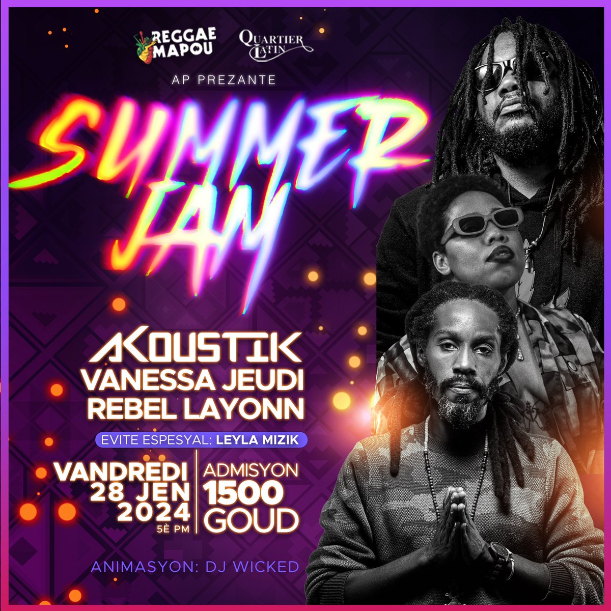 Aprè fèt mizik la, randevou kase nan Quartier Latin pou yon kokennchenn #SummerJam.

N ap gen <a href="/RebelLayonn/">Rebel Layonn</a> <a href="/akoustik_band/">Akoustik Ayiti</a> <a href="/LeylaMizik/">LeylaMizik</a> <a href="/djwickedayo/">Ayo</a> 

🧡🦋🧡 

#vanessajeudi #summerjam #akoustiktheband #womeninmusic #femalesinger #summerinhaiti2k24