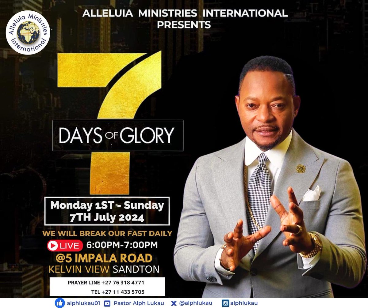 AlphLukau's tweet photo. I want you to get ready for 7 days of glory. 7 days of fasting and prayer. 7 days of restoration. 7 days of answered prayers. 7 days of sacrifice and power. God will reveal His glory in our lives. Will you join me? https://t.co/q9rMcLeWQN