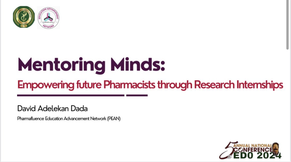 pharmafluence's tweet photo. @Delekandada, representing @pharmafluence at the 5th Annual #Conference of the #PSN-YPG in Edo State, delivered an oral presentation on the topic: #Mentoring Minds: Empowering Future Pharmacists through #Research Internships.#Mentorship #PEAN #YPG #PEAN #Pharmafluence @Kaduna_MoE https://t.co/36zNLmmsfj