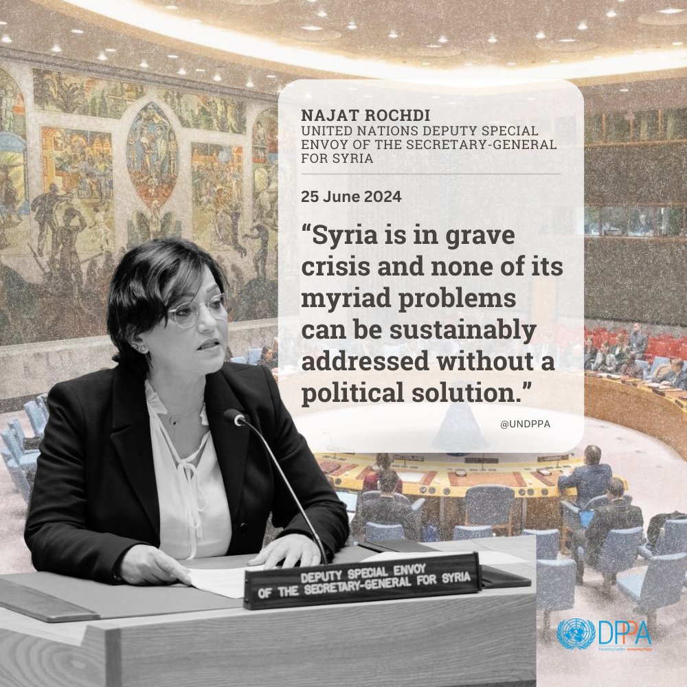 Deputy Special Envoy <a href="/rochdi_najat/">Najat Rochdi</a> highlighted security incidents and declining humanitarian conditions in #Syria. 

7.2 million Syrians are now internally displaced and 6.4 million are refugees, she said, calling for a sustainable political solution: specialenvoysyria.unmissions.org/sites/default/…