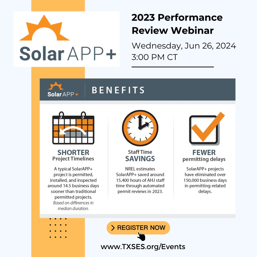 TXSES's tweet photo. Webinar Alert!🚨TOMORROW, JUNE 26, 3PM CT⚡Don't miss out! Learn how #SolarAPP+ can benefit your jurisdiction and how it cut permitting barriers across the country in 2023!
✴️Register: https://t.co/Ai7Q9gTNc6
#Solar #SolarEnergy #SolarPermitting https://t.co/4x8dKS3fOx