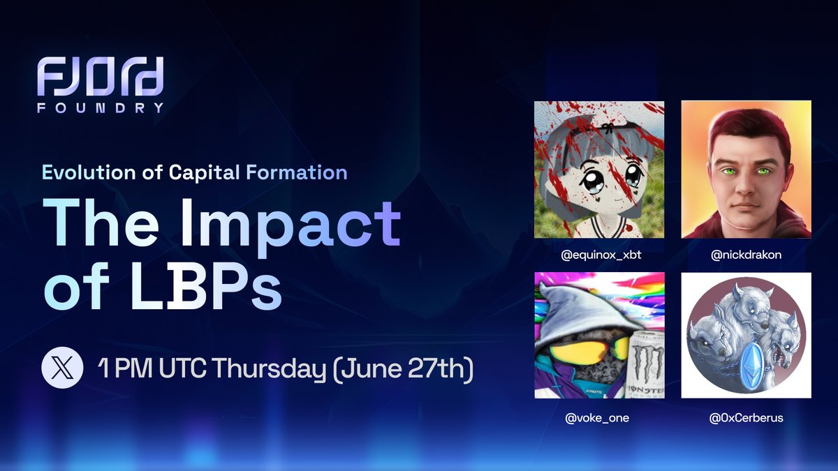 📣 Join us on June 27th at 1 PM UTC as we discuss 'The Impact of LBPs' and their role in capital formation

We'll explore how capital formation has evolved from ICOs and IDOs to LBPs, how early investment stages have changed, and more.

Featuring @nickdrakon &amp; <a href="/0xCerberus/">0xCerberus</a> 👇
