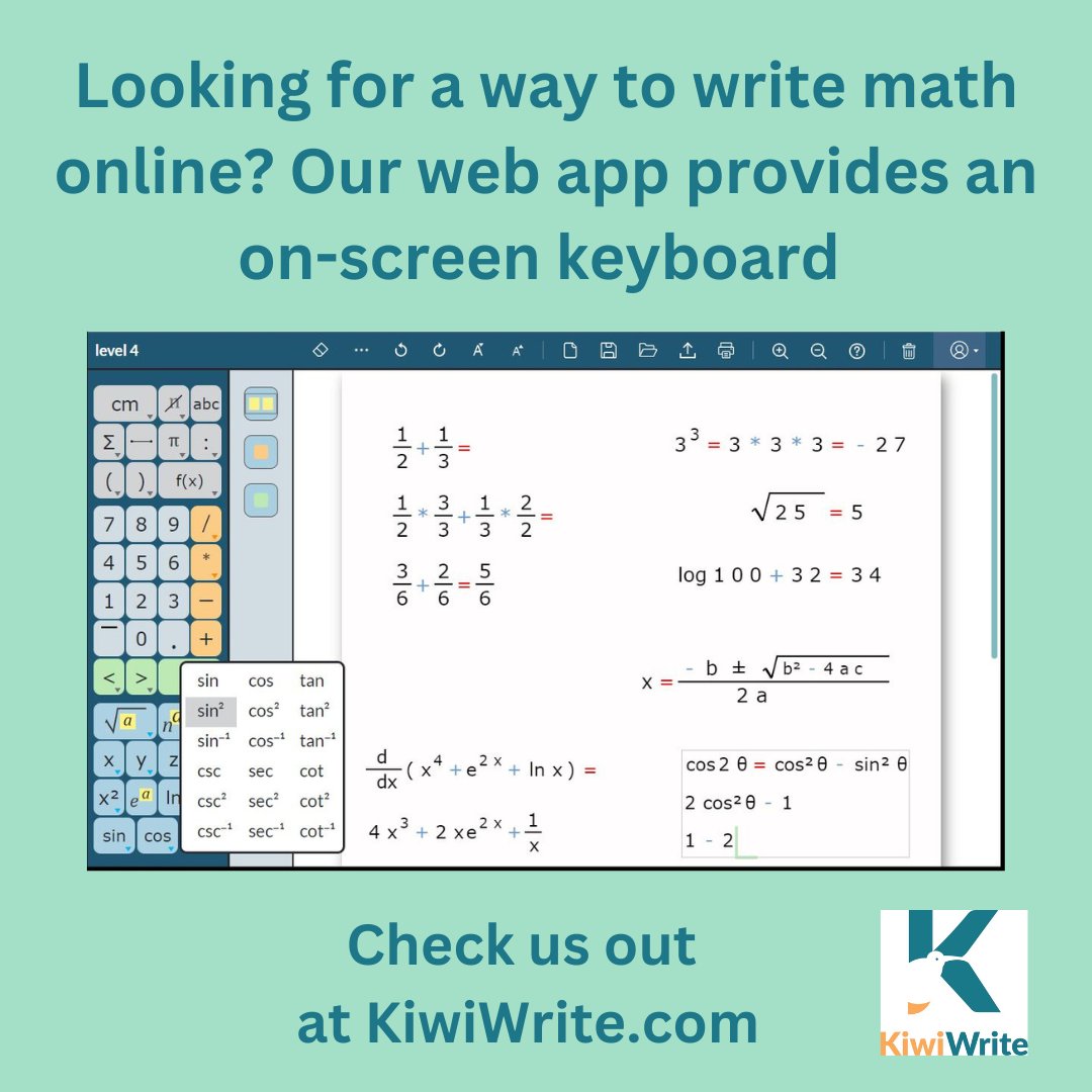 Is handwriting a barrier when working with math?  Or need an easy way to write math for an online course?   KiwiWrite Math provides an online math keyboard for easy entry of math problems. More at kiwiwrite.com

#assistivetechnology #occupationaltherapy  #EdTech #math