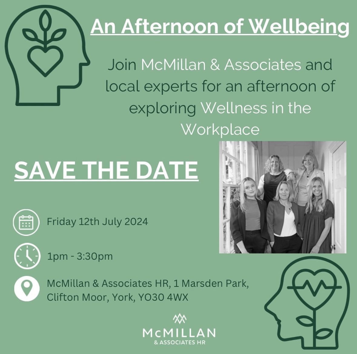 Wellness in the workplace! 

Come join us for a free afternoon exploring wellbeing in the workplace at our Clifton Moor office, York. To get your (free) ticket email lucy@mcmillanandassociateshr.com or head to our website mcmillanandassociateshr.com 
<a href="/Nat_womenleader/">Nat Mcmillan. McMillanandAssociatesHR Ltd</a>