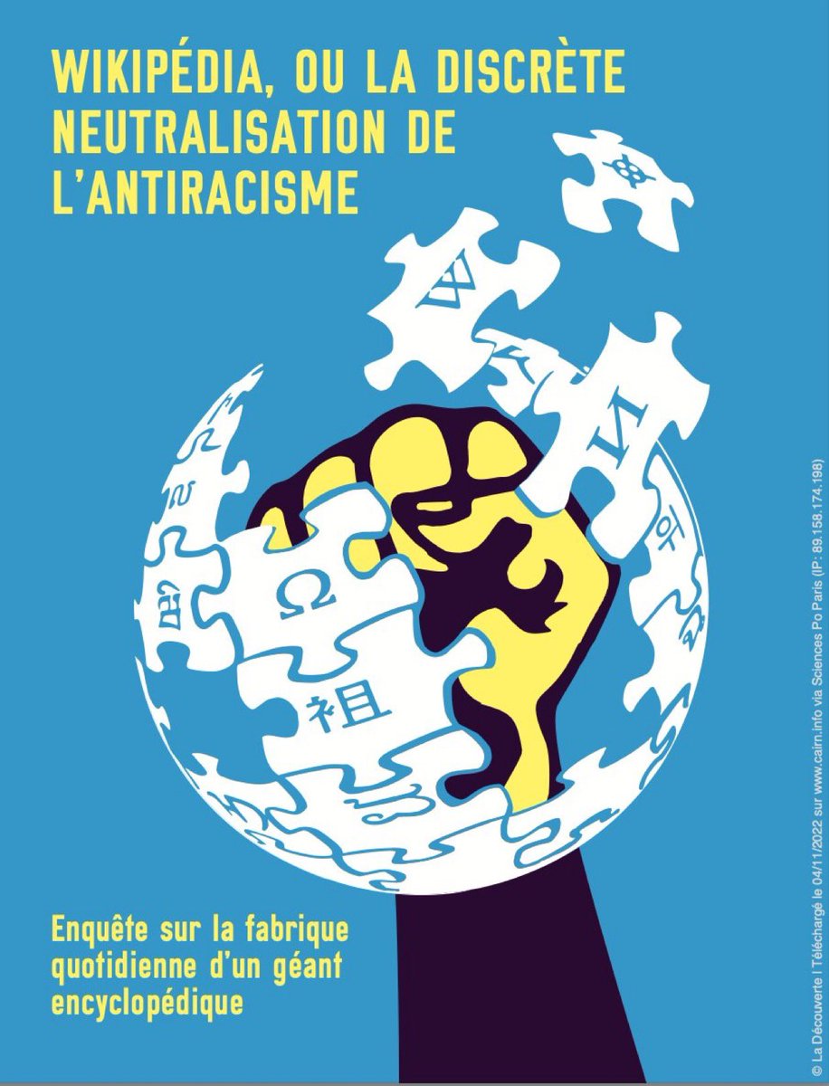 « Wikipédia, ou la discrète neutralisation de l’antiracisme. Enquête sur la fabrique quotidienne d’un géant encyclopédique », par <a href="/s_assbague/">Sihame Assbague</a>, article paru dans <a href="/LaRevueduCrieur/">La Revue du Crieur</a>, éditée par <a href="/Ed_LaDecouverte/">Éditions La Découverte</a>