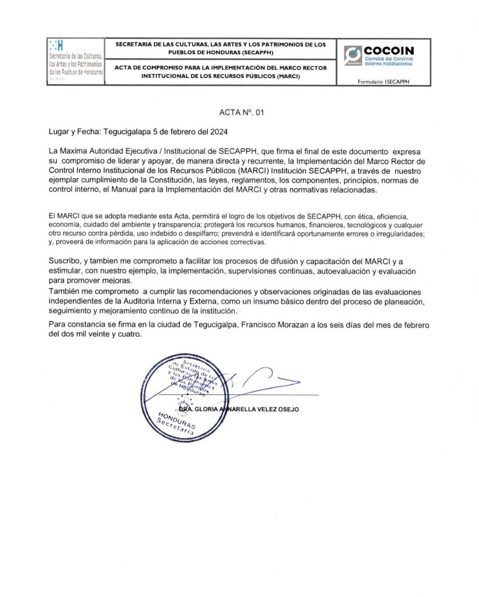 SECAPPH's tweet photo. #COCOIN_SECAPPH| La SECAPPH, promueve una cultura de transparencia, hacemos de conocimiento público, el acta de compromiso para la implementación del Marco Rector de Control Interno Institucional de los Recursos Públicos (MARCI) ✍📃
#SECAPPH #COCOIN #ONADICI #Honduras https://t.co/R9CEUO2E3U