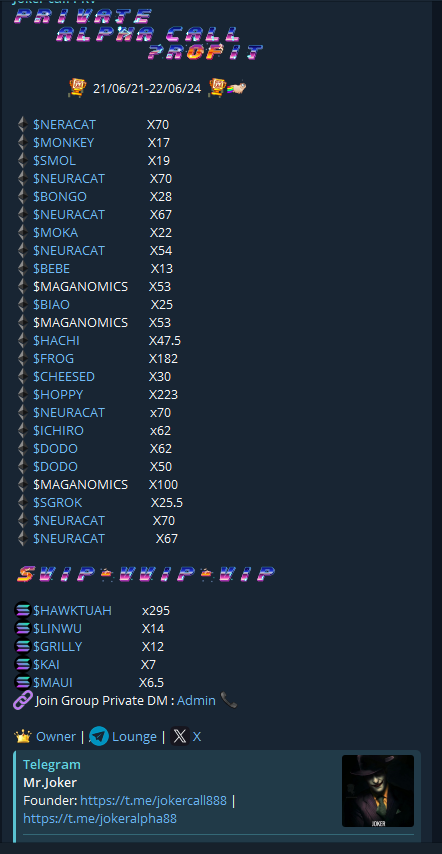 Spacexcall08's tweet photo. Hi Degen, this is the profit summary of my JOKER CALL 888 Channel. It has helped many people earn money from calls.
TG CHANEL : https://t.co/yaSQwccNFP
#GROYPER #INU #ICELAND #HAWKTUAH #BOBO #PENDE #INUGAMI #ZEUS #KEKE #DODO #OKURI #SENDY #MAGANOMICS #SAITAMA #BEJI #PEPE https://t.co/h1pFZWiOyc