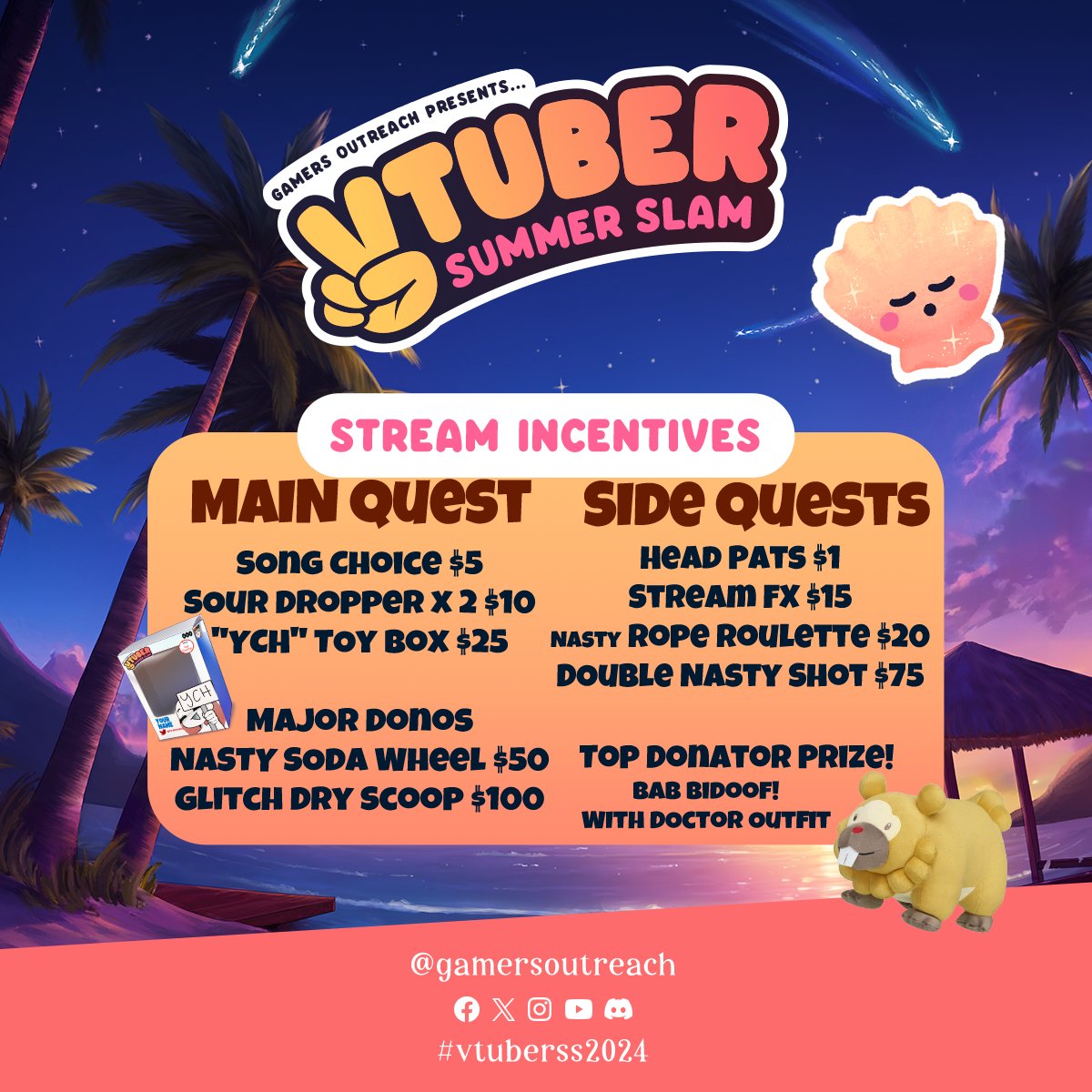 Tomorrow We Kick of the Summer Right! 
Gamers Outreach has organized over 1300 Vtubers for the Second Annual Vtuber Summer Slam! We have the Biggest Goals Ive ever put on the Table this year!  Twitch.tv/barweezle Tomorrow for a blast of a charity event!