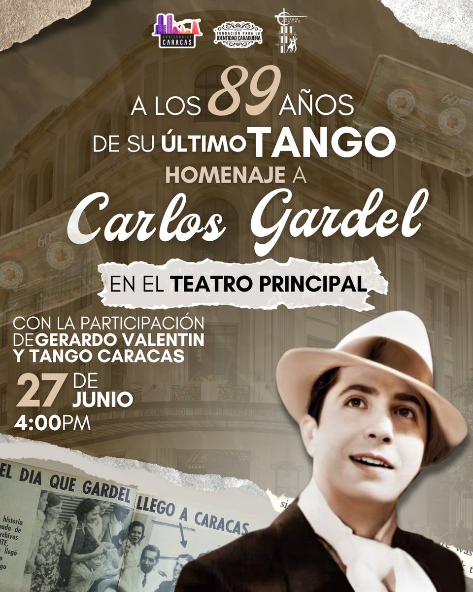 Homenaje a  Gardel a los 89 años de su último tango 🎶. La cita es en el Teatro  Principal 📍el 27 de junio a las 4:00 PM 🗓️. Junto a @gerardovalentinvzla y <a href="/tangocaracas/">Tango Caracas</a>