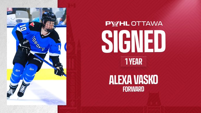 Signing graphic for PWHL Ottawa. 

Alexa Vasko, Forward, 1 year contract. 