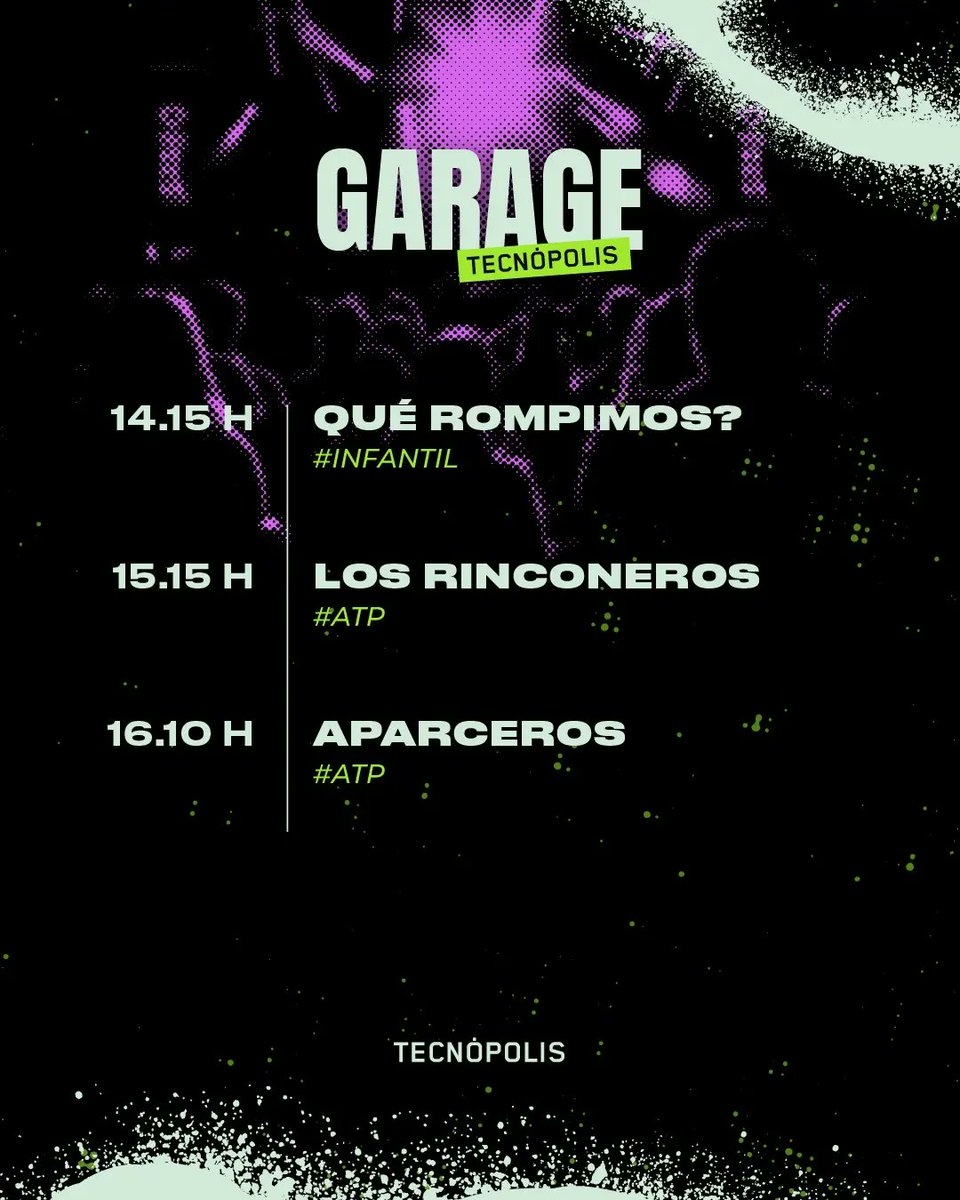 Tecnópolis (@tecnopolisarg) on Twitter photo 📍 Sábado 29 de junio de 14 a 18 h, en la Explanada de General Paz.
🎟️ Entrada libre, sin reserva previa.
15.15 h 🎤 @losrinconeros_
16.10 h 🎤 @aparcerosfolklore
🥳 ¡No te pierdas Garage infantil! 👇
14.15 h 🎤 <a href="/querompimos/">Qué Rompimos?!</a> 📍 Sábado 29 de junio de 14 a 18 h, en la Explanada de General Paz.
🎟️ Entrada libre, sin reserva previa.
15.15 h 🎤 @losrinconeros_
16.10 h 🎤 @aparcerosfolklore
🥳 ¡No te pierdas Garage infantil! 👇
14.15 h 🎤 <a href="/querompimos/">Qué Rompimos?!</a>