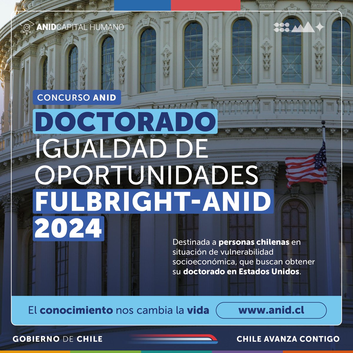 Agencia Nacional de Investigación y Desarrollo (@anid_chile) on Twitter photo ¡Esta es tu oportunidad para estudiar un doctorado en universidades de excelencia en Estados Unidos! 🇺🇸🎓@AnidInforma y <a href="/FulbrightCL/">Fulbright Chile</a> anuncian la apertura de la convocatoria 2024 para la Beca de Doctorado Igualdad de Oportunidades Fulbright – ANID.
➡️ Info: anid.cl/concursos/beca… ¡Esta es tu oportunidad para estudiar un doctorado en universidades de excelencia en Estados Unidos! 🇺🇸🎓@AnidInforma y <a href="/FulbrightCL/">Fulbright Chile</a> anuncian la apertura de la convocatoria 2024 para la Beca de Doctorado Igualdad de Oportunidades Fulbright – ANID.
➡️ Info: anid.cl/concursos/beca…