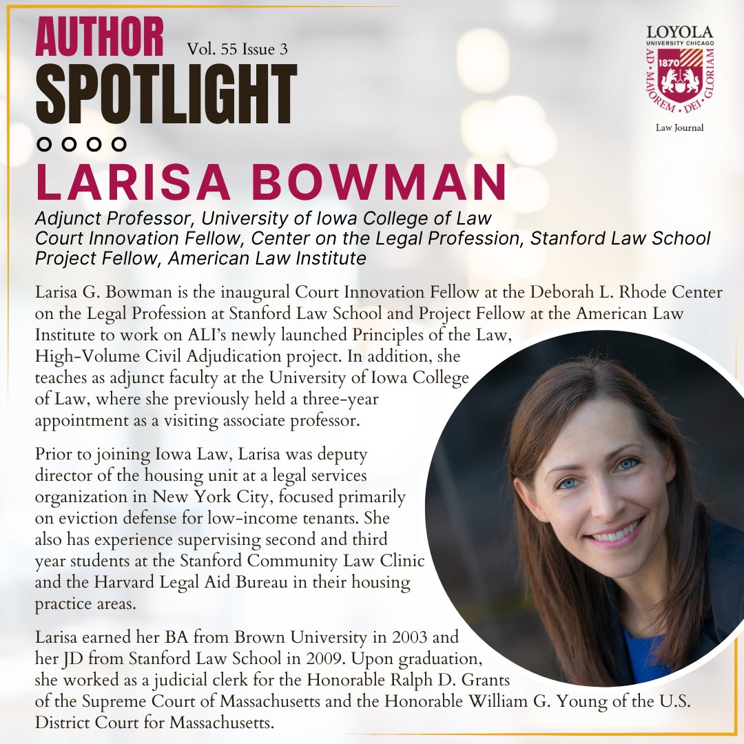 Issue 3 Author Spotlight 📣
Prof. Larissa Bowman 

Bowman argues academics and activists must work to abolish eviction and reimagine the state as responsible for the lives of Black women rather than the profits of white men.

Read more here: bit.ly/3XI29Vx