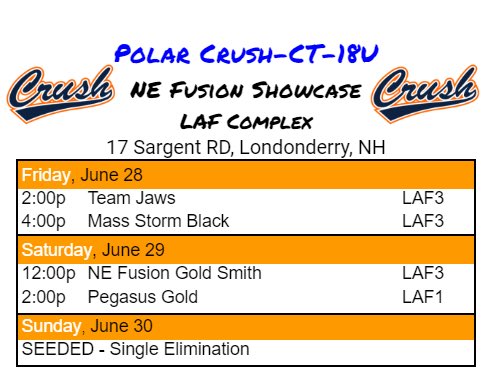 NE Fusion Showcase schedule below. Excited for this weekend with CT Polar Crush Premier!