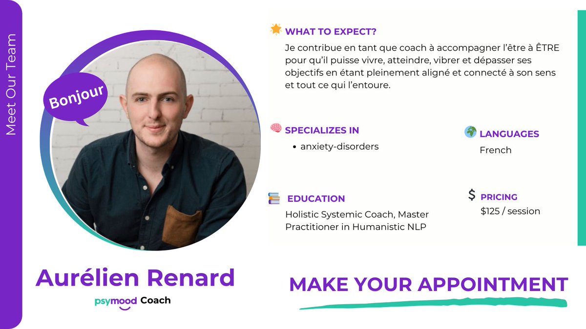 Meet our dedicated mental health team. This week’s spotlight: Aurélien Renard, a compassionate and experienced Coach.
🔗 Book now!
app.psymood.com/specialists/au…
#PsyMood #MeetOurTeam #MentalHealth #Therapy #Wellbeing #Psychology #Anxiety #BookNow #WellBeing #MentalWellness