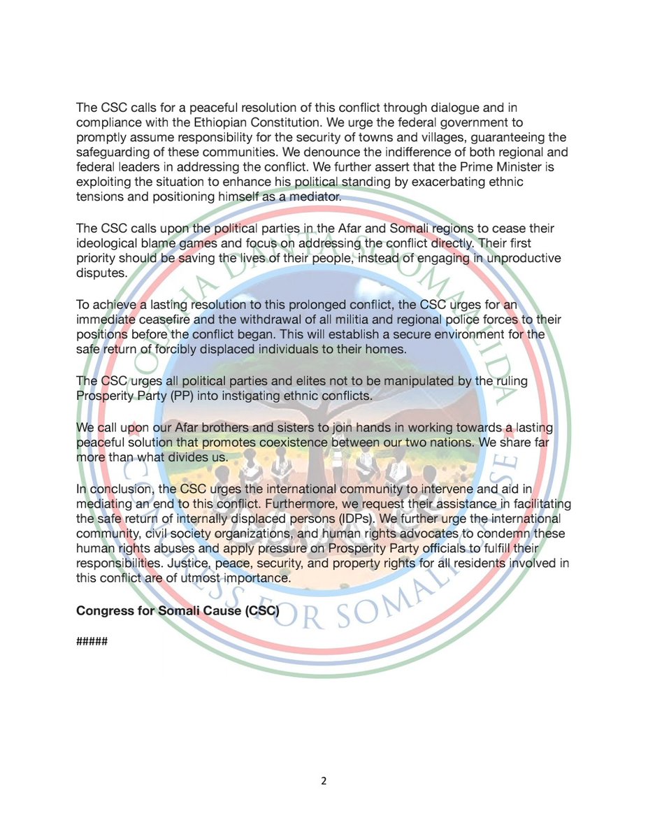SomaliCause's tweet photo. Congress for Somali Cause (CSC) Urges Immediate Action to Address Escalating Afar-Somali Conflict and Secure Safe Return of Displaced Somalis https://t.co/7JL9uoQfCO