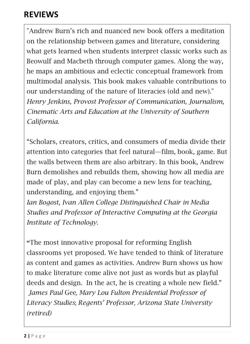 andrew burn (@andrewburn1) on Twitter photo I’ve just put online a pre-publication version of the whole of my last book, Literature, Videogames & Learning. With colour pics!
andrewburn.org/wp-content/upl…. 
Help yourself! I’ve just put online a pre-publication version of the whole of my last book, Literature, Videogames & Learning. With colour pics!
andrewburn.org/wp-content/upl…. 
Help yourself!