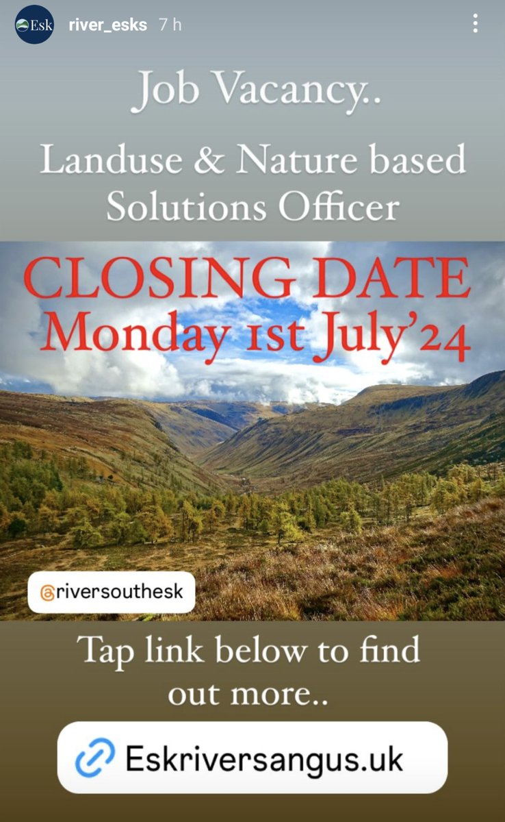 Dr Rebecca Wade (@rebeccacarrotte) on Twitter photo Nature 🏞️ Job opportunity! Landuse & nature based solutions officer. Come work in the beautiful #angus glens. Closing date 1st July! 📢📢
<a href="/EsksBoard/">Esks Fishery Board</a> <a href="/Southesknews/">South Esk Catchment</a>
<a href="/AngusCouncil/">Angus Council</a> <a href="/LfSAngus/">Learning for Sustainability Officer Angus</a>
<a href="/DYWTayCities/">DYW Tay Cities</a> <a href="/NatureScot/">NatureScot</a>
<a href="/Natures_Voice/">RSPB</a> @CNPnature
Tap link here:
eskriversangus.uk/2024/06/12/riv… Nature 🏞️ Job opportunity! Landuse & nature based solutions officer. Come work in the beautiful #angus glens. Closing date 1st July! 📢📢
<a href="/EsksBoard/">Esks Fishery Board</a> <a href="/Southesknews/">South Esk Catchment</a>
<a href="/AngusCouncil/">Angus Council</a> <a href="/LfSAngus/">Learning for Sustainability Officer Angus</a>
<a href="/DYWTayCities/">DYW Tay Cities</a> <a href="/NatureScot/">NatureScot</a>
<a href="/Natures_Voice/">RSPB</a> @CNPnature
Tap link here:
eskriversangus.uk/2024/06/12/riv…