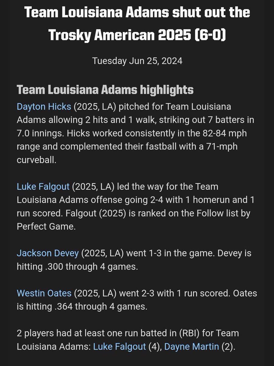 Team Louisiana Baseball (@team_louisiana) on Twitter photo Team Louisiana Adams gets the 6-0 win over Trosky America. Good guys led on the mound by <a href="/Hicks11Dayton/">Dayton Hicks</a> of <a href="/TorsBaseball/">Sulphur Golden Tors Baseball</a> with the CG. Another big outing by Hicks. At the plate <a href="/falgout_luke/">Luke Falgout</a> of <a href="/BlueGatorsBSB/">BlueGatorBaseball</a> who was 2-4 with a HR and 4 RBIs. Another great team effort! #FAMILY Team Louisiana Adams gets the 6-0 win over Trosky America. Good guys led on the mound by <a href="/Hicks11Dayton/">Dayton Hicks</a> of <a href="/TorsBaseball/">Sulphur Golden Tors Baseball</a> with the CG. Another big outing by Hicks. At the plate <a href="/falgout_luke/">Luke Falgout</a> of <a href="/BlueGatorsBSB/">BlueGatorBaseball</a> who was 2-4 with a HR and 4 RBIs. Another great team effort! #FAMILY