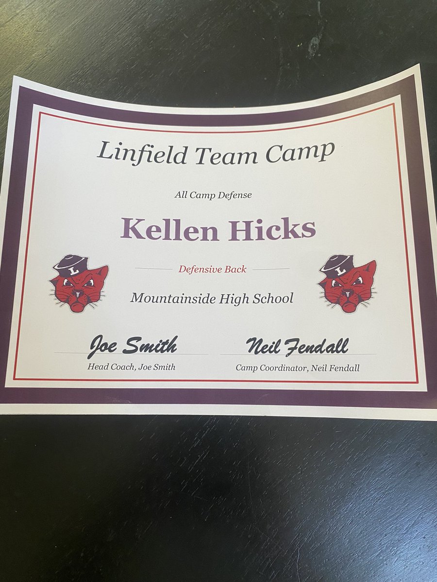 Kellen Hicks (@kellenhicks23) on Twitter photo Had a great time at the <a href="/LinfieldFB/">Linfield Football</a> team camp this weekend. Thank you <a href="/CoachFendall/">Neil Fendall - Father, Husband, Coach</a> for recognizing me as an all camp defensive back mvp!!
<a href="/MavHSFB/">Mountainside HS Football</a> <a href="/JordanJ_/">Jordan Johnson</a> Had a great time at the <a href="/LinfieldFB/">Linfield Football</a> team camp this weekend. Thank you <a href="/CoachFendall/">Neil Fendall - Father, Husband, Coach</a> for recognizing me as an all camp defensive back mvp!!
<a href="/MavHSFB/">Mountainside HS Football</a> <a href="/JordanJ_/">Jordan Johnson</a>