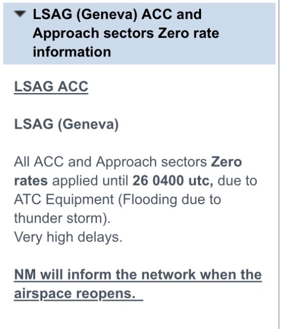Geneva airspace (LSAG) not available and landings in Geneva not possible until 0600LT tomorrow