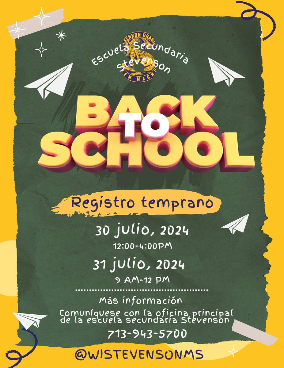 🎒📚 Get ready for the new school year with our Back to School Early Registration at Stevenson Middle School!
📅 Join us on:
- Thursday, July 30th, 2024, from 12-4PM
- Friday, July 31st, 2024, from 9AM-12PM
See you there! Let's make this year amazing! #StevensonMS