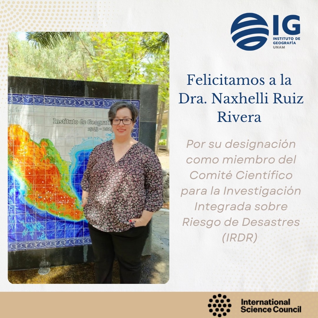IGeografiaUNAM's tweet photo. 🎉 Felicitamos a la Dra. @naxhelli Ruiz Riverapor su nombramiento en el Comité Científico para la Investigación Integrada sobre Riesgo de Desastres (IRDR).
🌍 Estamos orgullosos de su contribución y desempeño.
https://t.co/fCkNY9ceXE https://t.co/I9A3OhqdJY