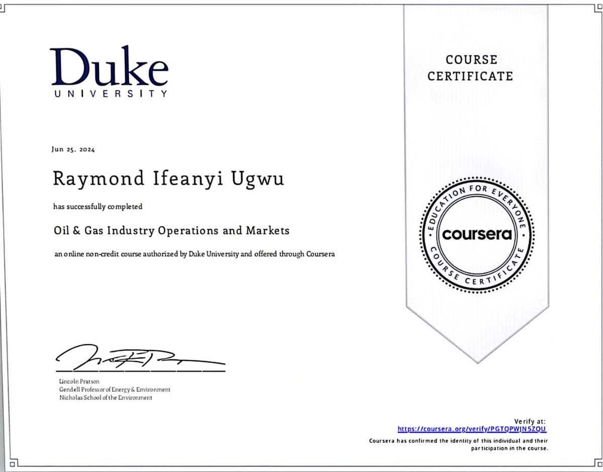 Special thanks <a href="/coursera/">Coursera</a> @Duke University <a href="/Lincoln/">Abraham</a> Pratson and <a href="/Oludeewon/">Dr Oludayo Sokunbi</a> for this achievement #OilandGas #Geology
