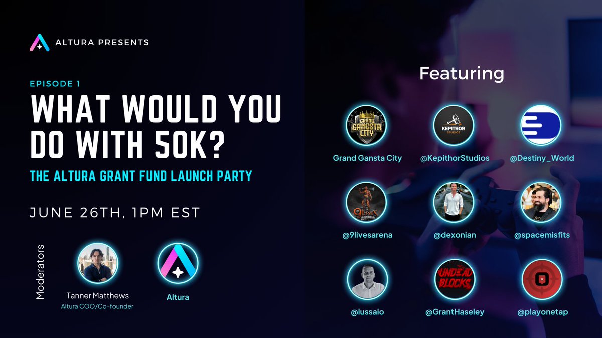 What would you do with 50K? 🤔

With the Altura Grant Fund launch, we are hosting a new series starting on June 26th at 1:00PM EST.📅

Let's hear from some of our applicants before the voting doors open.

15K ALU GIVEAWAY so set your reminders below🔥👇

Speakers:
<a href="/grandgangstaci/">GRAND GANGSTA CITY</a>