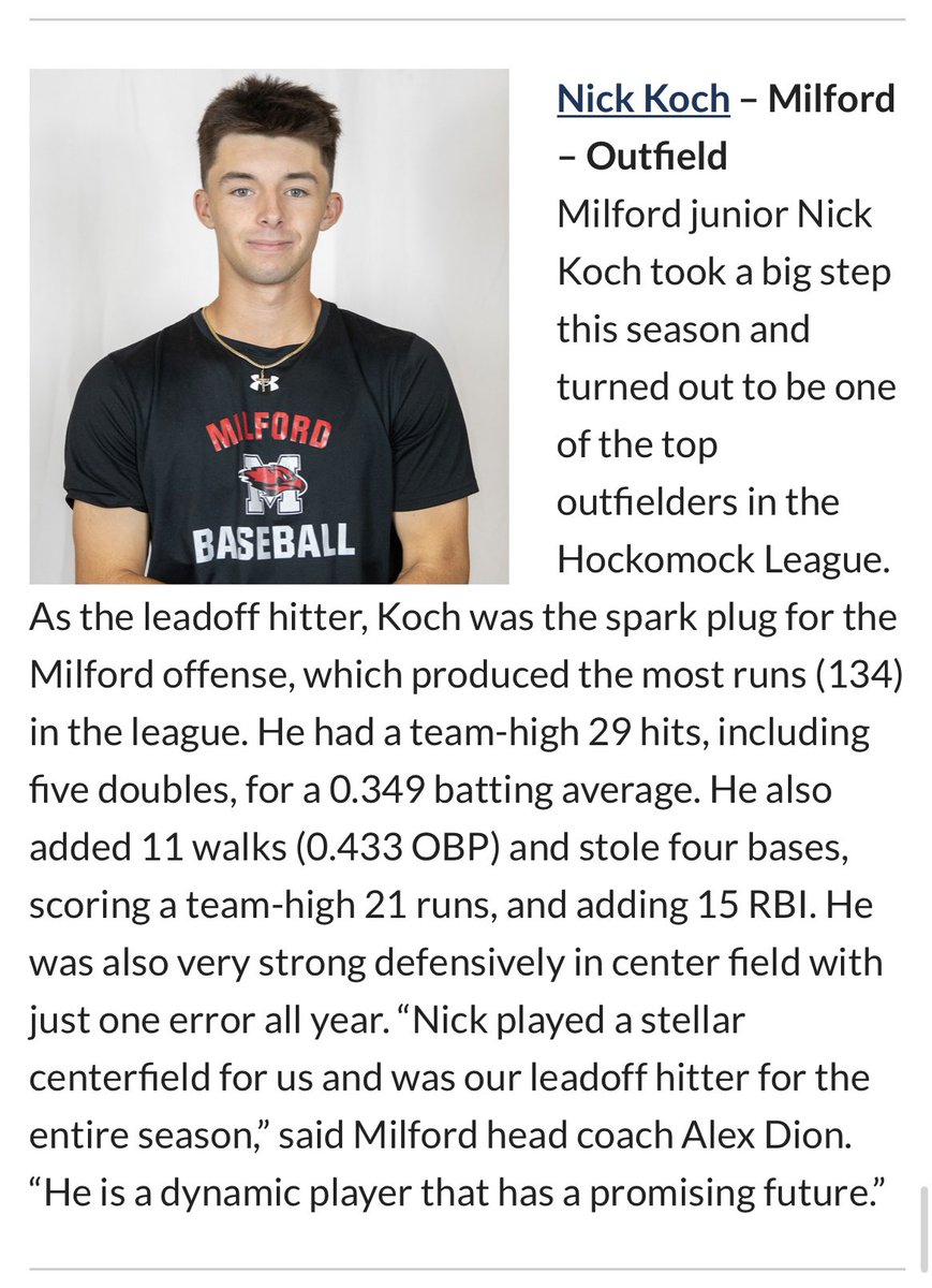 Honored to be selected as a Hockomock League All-Star! <a href="/HockomockSports/">HockomockSports</a> <a href="/Milford_BSB/">MHS Baseball</a>