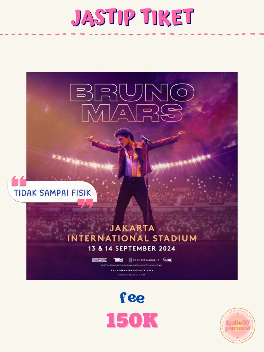 hello99percent's tweet photo. OPEN JASA WAR BRUNO MARS in JAKARTA 2024

‼️ LIMITED SLOT ‼️

— Fee:
• 150k/tix (tidak fisik)
• 250k/tix (fisik)
DP (book slot): 50k/tix
✅ General Sale

📩 DM FOR T&amp;C AND MORE DETAILS

t. jastip jaswar jasa war wts wtb wtt bruno mars konser tour concert jis jakarta indonesia https://t.co/t9mEMHHeRA
