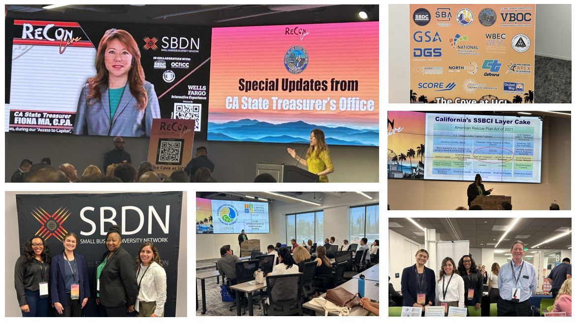 CalCPCFA's tweet photo. The #smallbiz community represented today at #SBDN's #ReconLive in @cityofirvine. Our ED highlighted the importance of our #SSBCI #CalCAP programs & how we work with #financialinstitutions to provide #accesstocapital! To learn more, visit: https://t.co/mMTfGqXayG @CalTreasurer https://t.co/vq9WvY5ywf